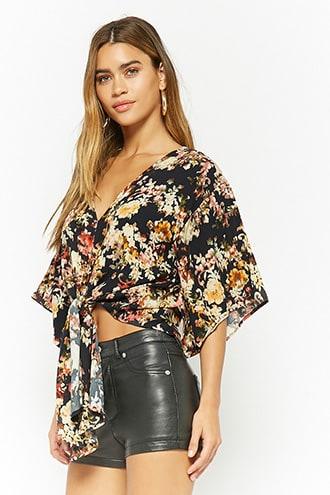 Forever21 Plunging Floral Tie-front Top