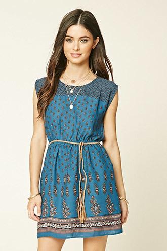 Forever21 Women's  Teal & Black Belted Floral Print Dress