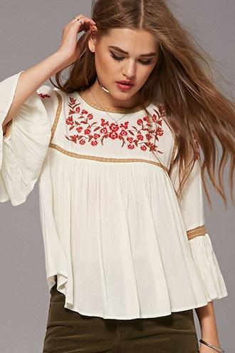 Forever21 Women's  Cream & Red Floral Embroidered Peasant Top