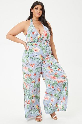Forever21 Plus Size Floral Stripe Halter Jumpsuit