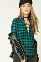 Forever21 Women's  Green & Black Buffalo Plaid Lace-up Shirt