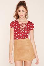 Forever21 Women's  Wine & Cream Floral Print Lace-up Top