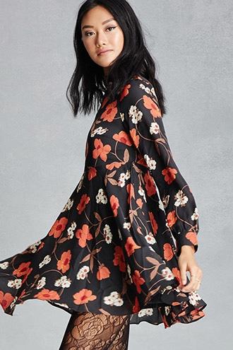 Forever21 Women's  Black & Rust Floral Print Swing Dress