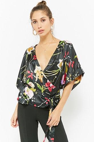 Forever21 Vero Moda Satin Floral Surplice Top
