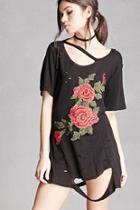 Forever21 Distressed Rose Embroidery Tee