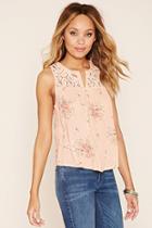 Forever21 Women's  Lace-yoke Floral Print Top