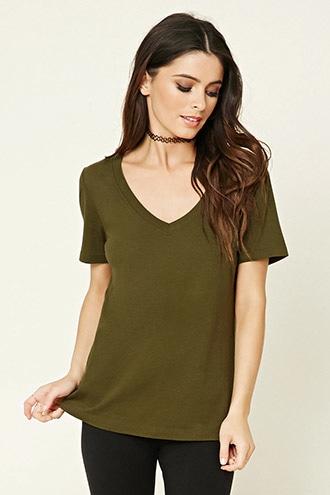 Forever21 Women's  Olive Cotton-blend V-neck Tee