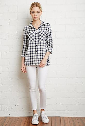 Forever21 Women's Plaid Flannel Shirt (cream/navy)