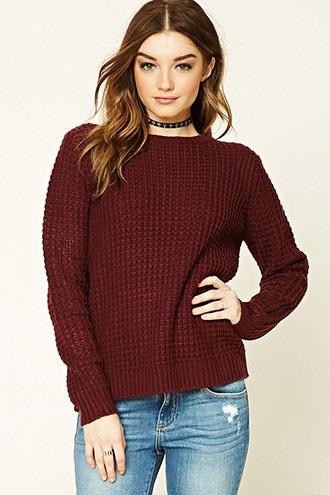Forever21 Women's  Wine Boxy Waffle Knit Sweater