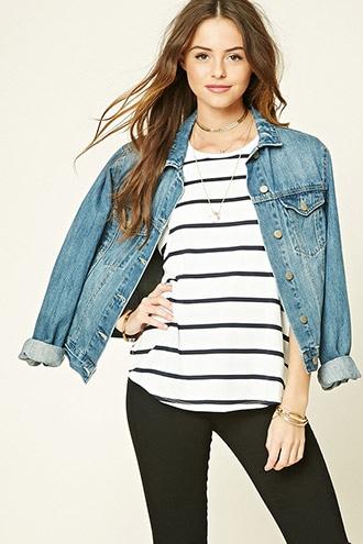 Forever21 Women's  White & Navy Striped Knit Tee