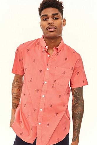 Forever21 Trunks Surf & Swim Embroidered Palm Tree Button Shirt