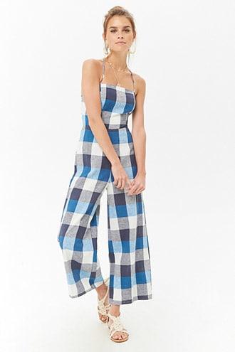 Forever21 Plaid Linen Cami Jumpsuit