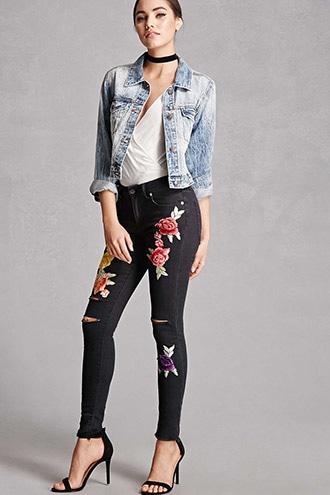Forever21 Floral Patched Skinny Jeans