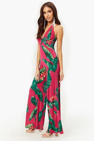 Forever21 Tropical Leaf Halter Jumpsuit
