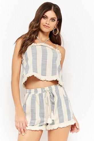 Forever21 Striped Gauze Fringe Cami & Shorts Set