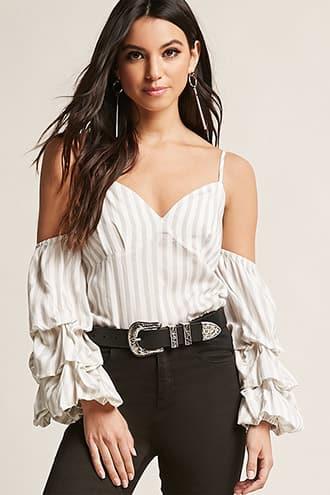 Forever21 Tiered Stripe Open-shoulder Top