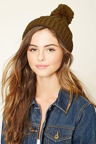 Forever21 Women's Mustard Cable Knit Pom-pom Beanie