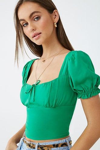 Forever21 Puff-sleeve Tie-front Crop Top