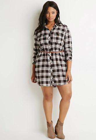 Forever21 Plus Belted Plaid Shirt Dress