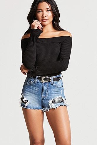 Forever21 Distressed Fishnet Denim Shorts