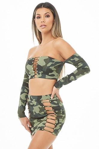 Forever21 Caged Camo Tube Top & Mini Skirt Set