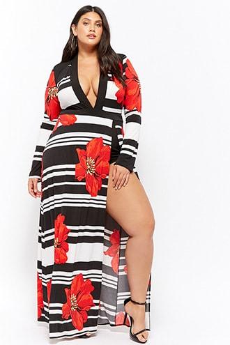 Forever21 Plus Size Floral Striped Maxi Skort Romper