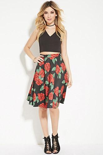 Forever21 Women's  Rose Print A-line Skirt