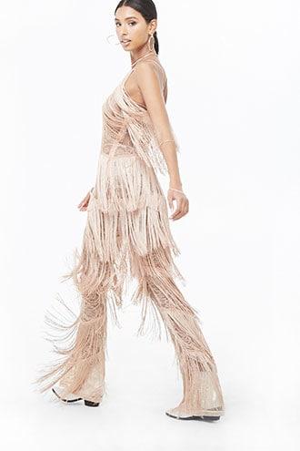 Forever21 Sheer Floral Lace Fringe Jumpsuit