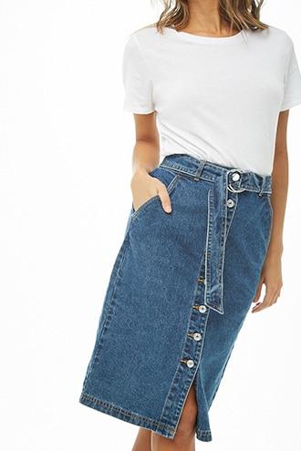 Forever21 Belted Denim Midi Skirt