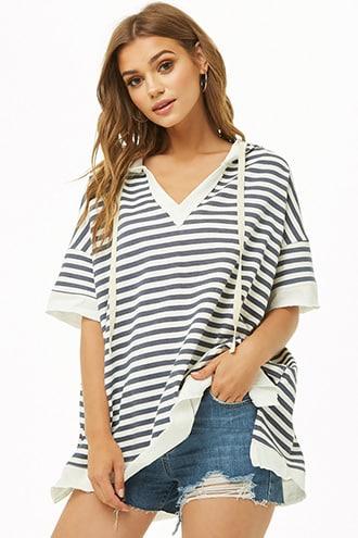 Forever21 Striped Hooded High-low Top