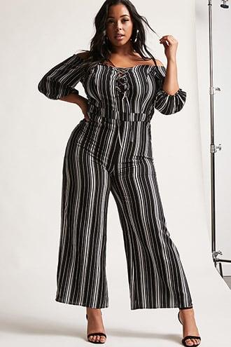 Forever21 Plus Size Striped Off-the-shoulder Jumpsuit