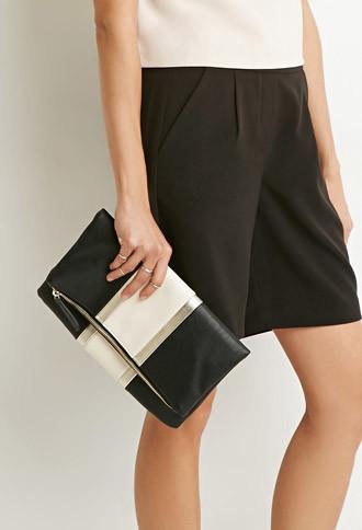 Forever21 Racing Stripe Faux Leather Clutch (black/cream)