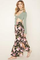 Forever21 Women's  Black & Pink Floral Print Maxi Skirt