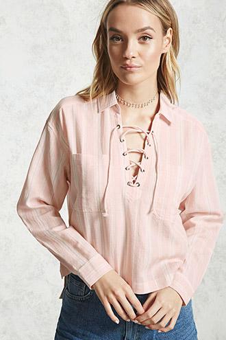 Forever21 Lace-up Multi-stripe Top