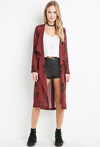 Forever21 Women's  Sheer Floral Cardigan (burgundy/black)