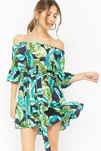 Forever21 Palm Leaf Print Off-the-shoulder Dress