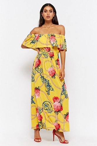Forever21 Chain Link & Floral Off-the-shoulder Maxi Dress