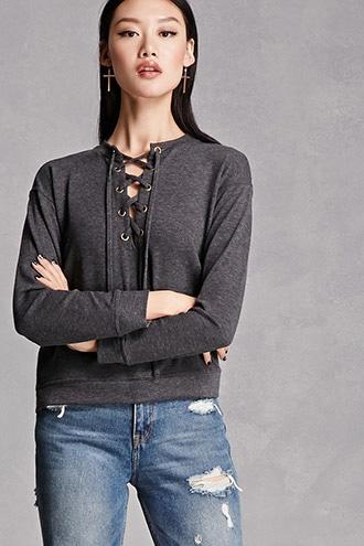 Forever21 Lace-up Heathered Top