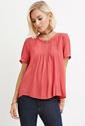 Forever21 Embroidered Pintuck Top