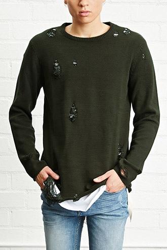 21 Men Men's  Distressed Knit Sweater