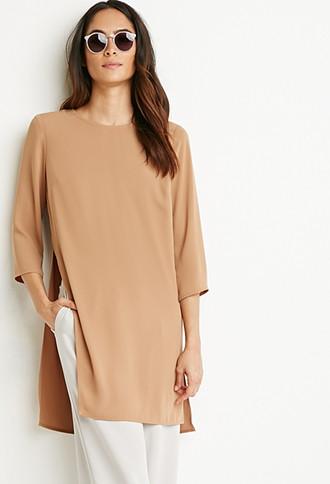 Forever21 Women's  High-slit Longline Woven Top (camel)