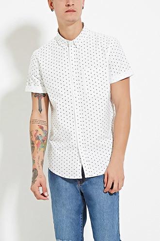 21 Men Men's  White & Black Polka Dot Shirt