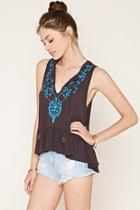 Forever21 Women's  Grey & Turquoise Embroidered Tassel Top