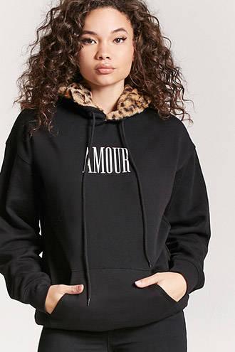 Forever21 Faux Fur Amour Graphic Hoodie