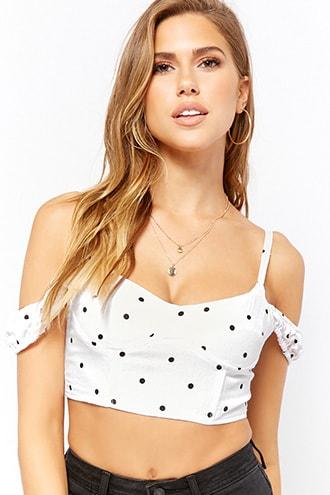 Forever21 Polka Dot Open-shoulder Crop Top