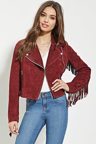 Forever21 Women's  Burgundy Fringed Genuine Suede Jacket