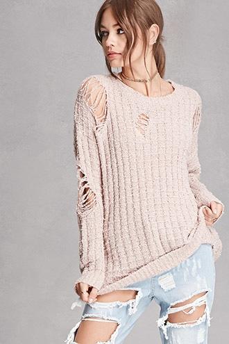 Forever21 Women's  Pink Distressed Waffle Knit Sweater