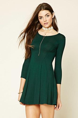 Forever21 Women's Hunter Green Lace-up Fit And Flare Dress