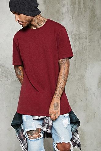 21 Men Men's Burgundy Longline Slub Knit Tee
