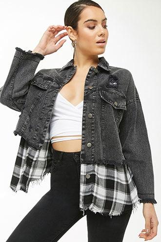 Forever21 Denim Plaid Trim Jacket